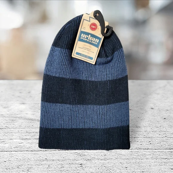 Blue Striped Ribbed Beanie Knit Cap | Urban Pipeline | OS - Picture 2 of 6
